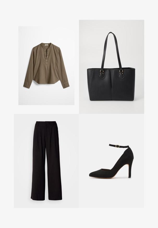 Bruine casual blouse met lange mouwen, mandarijnkraag, plooitje aan de voorkant en licht gebogen zoom, plat uitgestald op een witte achtergrond.; Zwarte wijde broek van soepel stof, met plooien aan de voorkant, een aansluitende tailleband en zonder zichtbare patronen of accenten.; Zwarte suede hoge hak schoen met een spitse neus en enkelbandje. Gekenmerkt door een gouden gesp en een slanke, taps toelopende hak.; Zwarte neplederen tote bag met een gestructureerde afwerking, twee lange handvatten en goudkleurige hardware-accenten aan de zijkant. Rechthoekige vorm.