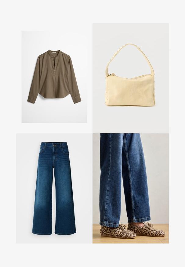 Brun langærmet casual bluse med mandarin-krave, frontplisse og let buet kant, lagt fladt på en hvid baggrund.; Viddejeans lavet af mørkeblå denim. Har høj talje, knaplukning og klassisk fem-lomme design med subtile falme.; Læderloafers med leopardmønster, lavet af ruskind, med rund tå, snøre-design og flade, fleksible såler, parret med blå denim jeans.; Lille beige læderhåndtaske med en enkelt rem og sølvnitter langs kanterne og remmen, sat mod en ensfarvet baggrund.