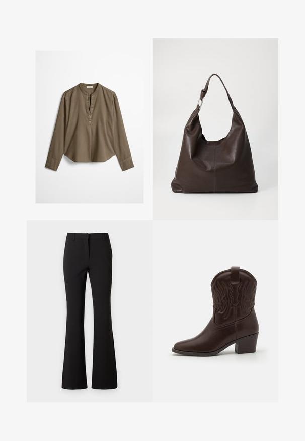 Brun langærmet casual bluse med mandarin-krave, frontplisse og let buet kant, lagt fladt på en hvid baggrund.; Sorte viddebukser lavet af glat stof med en forreste pressefold, bæltestropper og en skræddersyet pasform. Ren design uden synlige mønstre.; Brune læder cowboystøvler med spidse tæer, præget vinge mønster, en midhøj blokhæl og en pull-tab bagpå.; Zign by Zalando LEATHER - Shopping bags - chocolate brown