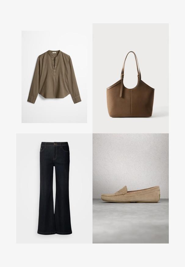 Brun langærmet casual bluse med mandarin-krave, frontplisse og let buet kant, lagt fladt på en hvid baggrund.; Mos Mosh MMDARA DELUXE JEANS - Jeans Relaxed Fit - dark blue; Beige ruskinds loafers med broderet tådetalje og en glat overflade. Flad hæl og afrundet form. Minimalistisk design uden udsmykninger.; Brun læder tote taske med justerbar skulderrem og guldfarvet spænde, glat tekstur, vist mod en ensfarvet hvid baggrund.