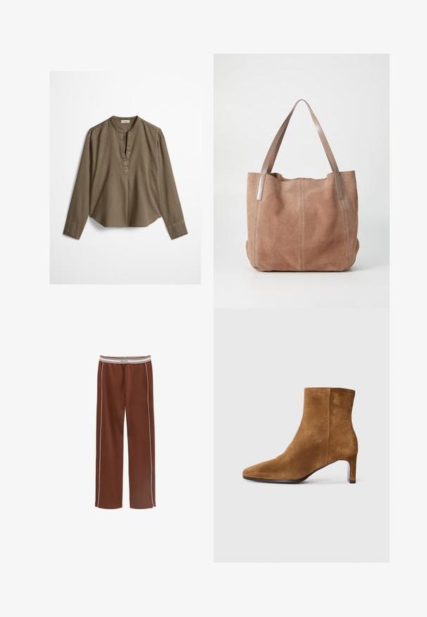 Brun langærmet casual bluse med mandarin-krave, frontplisse og let buet kant, lagt fladt på en hvid baggrund.; Brune vidde bukser med hvid sidepiping og en hvid elastisk linning med beige striber og "Marc O'Polo" branding.; Brune ruskinds ankelstøvle med spids tå og slank hæl i mellem højde, set fra siden på en ensfarvet hvid baggrund.; Anna Field LEATHER - Shopping bags - taupe