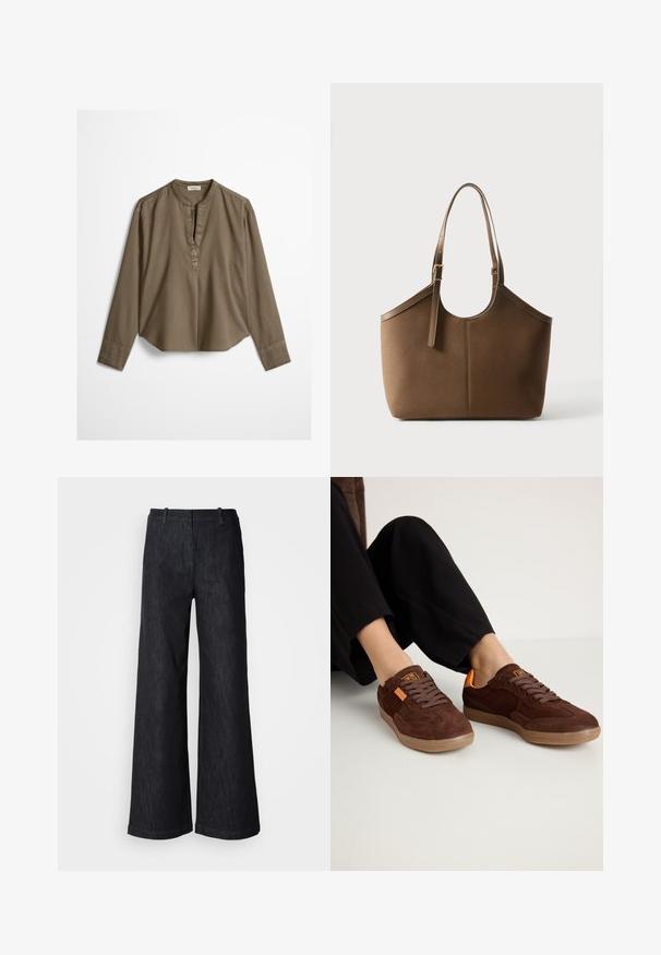Brun langærmet casual bluse med mandarin-krave, frontplisse og let buet kant, lagt fladt på en hvid baggrund.; Sorte viddebenede denimbukser med en tekstureret finish, udstyret med bæltestropper og en ren kant. Klassisk design, velegnet til forskellige lejligheder.; Brune ruskinds sneakers med rund tå, tekstureret overdel og orange detaljer. Har flade snørebånd og en gummisål.; Brun læder tote taske med justerbar skulderrem og guldfarvet spænde, glat tekstur, vist mod en ensfarvet hvid baggrund.