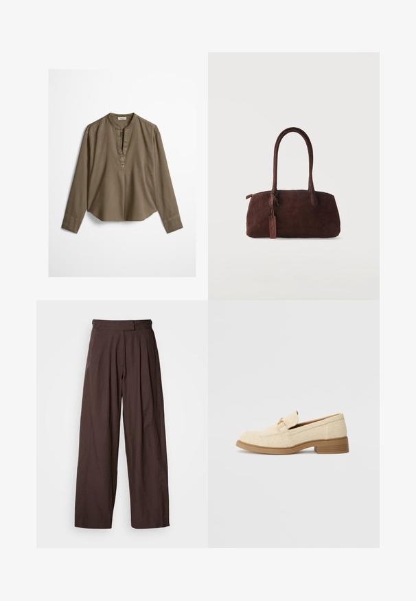 Brun langærmet casual bluse med mandarin-krave, frontplisse og let buet kant, lagt fladt på en hvid baggrund.; Brune bukser med vide ben og høj talje, plisseret foran og med en glat stoftekstur. Har to sidelommer og et rent, skræddersyet udseende.; Beige tekstil loafers med en lav blokhæl, der har et syet design og en dekorativ hardware accent i guldtoner på overdelen.; Mørkebrun ruskindshåndtaske med to lange håndtag og en lille fastgjort tag, sat mod en ensfarvet lys baggrund.