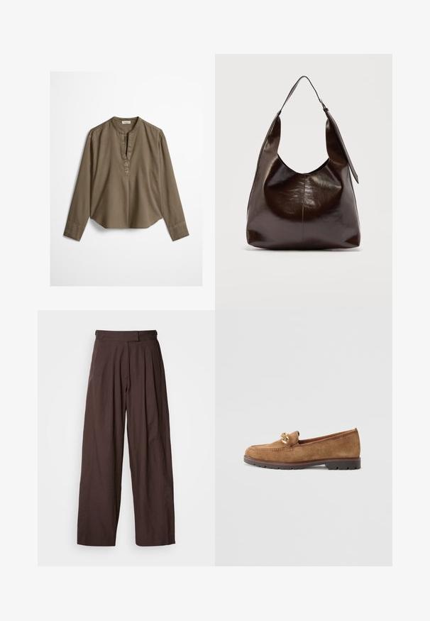 Blouse décontractée marron à manches longues avec col mandarin, pli à l'avant et ourlet légèrement arrondi, étalée à plat sur un fond blanc.; Pantalon marron à jambes larges avec une taille haute, un devant plissé et une texture de tissu lisse. Comprend deux poches latérales et un look net et ajusté.; Tamaris Chaussons - camel; Sac à bandoulière en cuir marron foncé brillant avec une seule large sangle et un détail de boucle sur un côté, posé sur un fond clair uni.