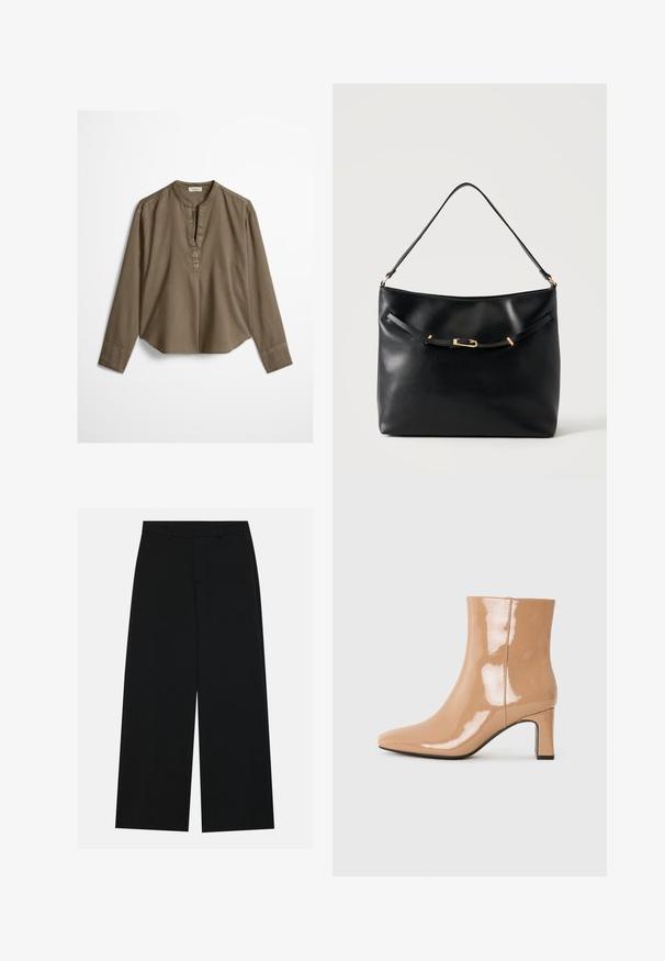 Brun langærmet casual bluse med mandarin-krave, frontplisse og let buet kant, lagt fladt på en hvid baggrund.; Breddebenede sorte bukser lavet af et glat stof. Har en flad talje med bæltestropper og ingen synlige lommer. Simpelt design.; Nude patent ankelstøvler med spids tå, en skinnende overflade og en blokhæl i mellem højde. Glat tekstur og strømlinet silhuet.; Sort skuldertaske i læder med en enkel strop og en lille guldlåsdetalje foran mod en ensfarvet lys baggrund.