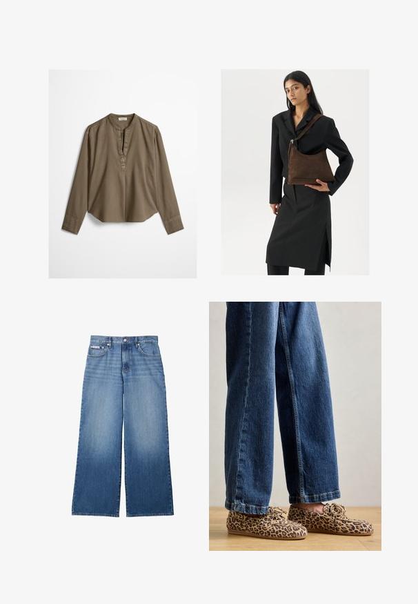 Brun langærmet casual bluse med mandarin-krave, frontplisse og let buet kant, lagt fladt på en hvid baggrund.; Vidbenede blå denim jeans med falmet front, fem-lomme stil, knap- og lynlåslukning samt lille Calvin Klein-label på forlommen.; Læderloafers med leopardmønster, lavet af ruskind, med rund tå, snøre-design og flade, fleksible såler, parret med blå denim jeans.; Kvinde iført en sort blazer og nederdel, som holder en stor mørkebrun suedetaske mod en hvid baggrund.