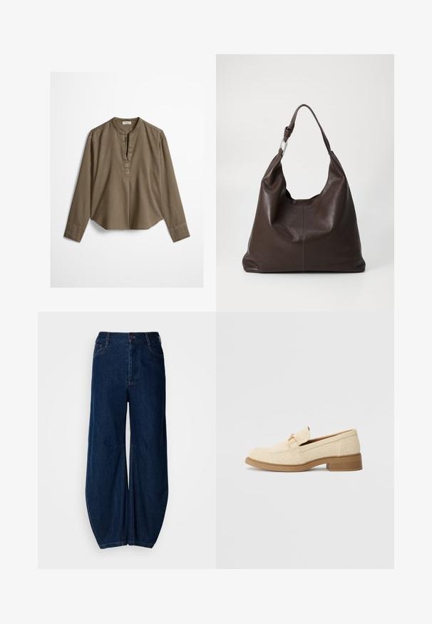 Brun langærmet casual bluse med mandarin-krave, frontplisse og let buet kant, lagt fladt på en hvid baggrund.; Mørkeblå denim brede benjeans med høj talje, knaplukning og to frontlommer. Har en glat struktur og synlige sømme.; Beige tekstil loafers med en lav blokhæl, der har et syet design og en dekorativ hardware accent i guldtoner på overdelen.; Zign by Zalando LEATHER - Shopping bags - chocolate brown