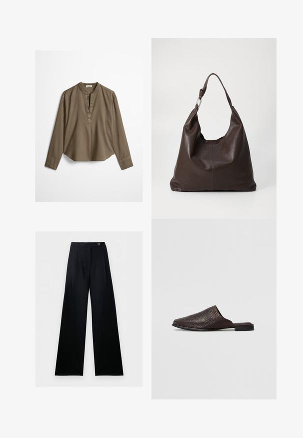 Brun langærmet casual bluse med mandarin-krave, frontplisse og let buet kant, lagt fladt på en hvid baggrund.; Sorte, brede bukser med høj talje, forsideknapper og bæltestropper, vist mod en hvid baggrund.; Sort slip-on mule lavet af tekstureret materiale med et reptilmønster, der har en lav, flad hæl og et afrundet, åbent tådesign.; Zign LEATHER - Shopping bags - chocolate brown