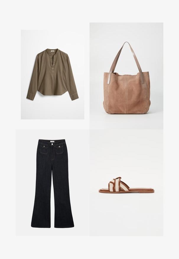 Brun langærmet casual bluse med mandarin-krave, frontplisse og let buet kant, lagt fladt på en hvid baggrund.; Sorte denim jeans med høj talje, flared ben, to frontlommer og orange syninger. Materialet ser solidt og glat ud.; Brune flade sandaler med brede vævede stofremme, der har en glat syntetisk sål og et minimalistisk design.; Anna Field by Zalando LEATHER - Shopping bags - taupe