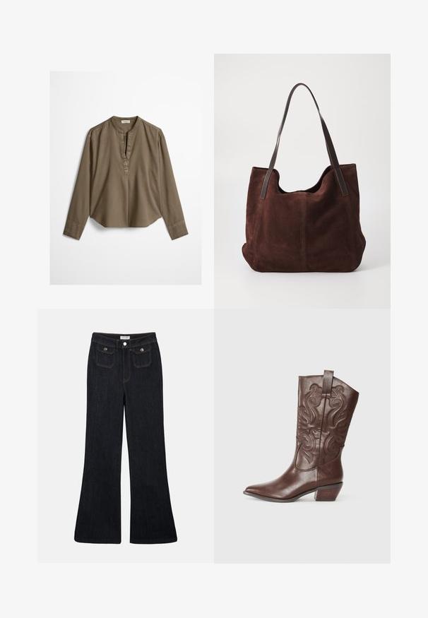 Brun langærmet casual bluse med mandarin-krave, frontplisse og let buet kant, lagt fladt på en hvid baggrund.; Sorte denim jeans med høj talje, flared ben, to frontlommer og orange syninger. Materialet ser solidt og glat ud.; Brune læder cowboystøvle med spids tå, dekorativ syning på skaftet og en lav stablet hæl. Glat tekstur med en poleret overflade.; Brun ruskind tote taske med to mørke læder skulderremme. Blød tekstur, afrundet top og et rummeligt interiør. Ingen synlig hardware eller pynt.