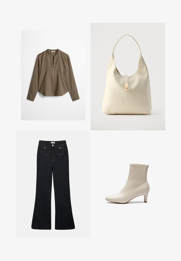Bruine casual blouse met lange mouwen, mandarijnkraag, plooitje aan de voorkant en licht gebogen zoom, plat uitgestald op een witte achtergrond.; Flared donkerdenim jeans met een hoge taille, twee voorzakken en oranje stiksels. Het materiaal lijkt stevig en glad.; Witte enkelboot gemaakt van glad leer met een spitse neus en een korte, taps toelopende hak. Beschikt over een minimalistisch ontwerp en een naadloos bovenwerk.; Crèmekleurige leren hobo-tas met een enkele schouderband, een gladde textuur en een goudkleurige sluiting aan de voorkant.
