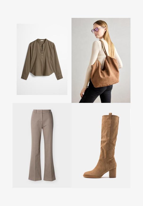 Blouse décontractée marron à manches longues avec col mandarin, pli à l'avant et ourlet légèrement arrondi, étalée à plat sur un fond blanc.; Pantalon beige taille haute à jambes larges, avec détails de couture à l'avant, passants de ceinture et fermeture frontale cachée, présenté sur un fond blanc.; Botte en daim beige hauteur genou avec un talon bloc, présentant des accents cousus et une silhouette épurée pour un look moderne.; Sac fourre-tout en daim marron avec une texture douce, grande ouverture et longues sangles. Présente un design simple avec des coutures visibles et sans matériel.