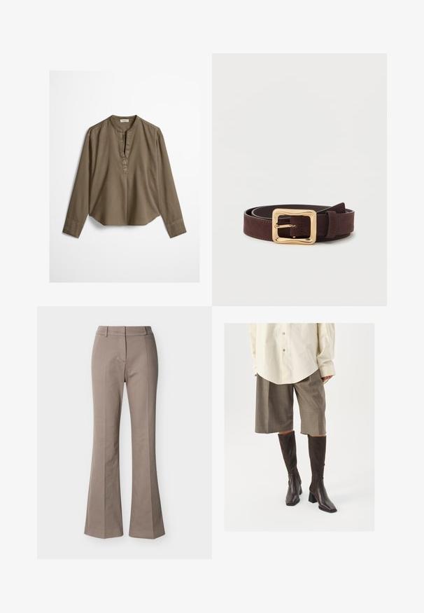 Bruine casual blouse met lange mouwen, mandarijnkraag, plooitje aan de voorkant en licht gebogen zoom, plat uitgestald op een witte achtergrond.; Beige hoge taille broek met wijde pijpen, details van een voornaad, broekriemlussen en een verborgen sluiting aan de voorkant, weergegeven op een witte achtergrond.; Bruine kniehoge laarzen met een vierkante neus en blokhak, gecombineerd met een beige oversized shirt en bruine geruite culottes.; Donkerbruine leren riem met een brede gouden vierkante gesp, plat op een witte ondergrond gewikkeld.