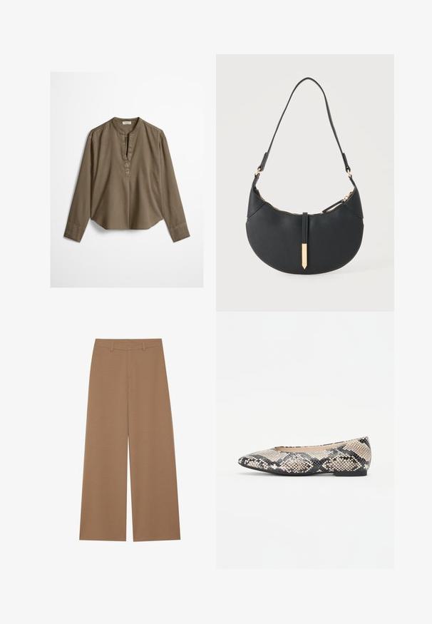 Blusa casual marrón de manga larga con cuello mandarín, pliegue delantero y dobladillo ligeramente curvado, extendida sobre un fondo blanco.; Pantalones de pierna ancha en un color marrón sólido, fabricados con una tela texturizada; presentan una cintura alta y un diseño estructurado con lazos para cinturón.; Zapatos planos de punta afilada con un patrón de serpiente, que presentan tonos de beige, negro y marrón, con una superficie texturizada y tacón plano.; Bolso negro en forma de media luna con una sola correa, cremallera dorada y una lengüeta decorativa rectangular dorada en la parte delantera.