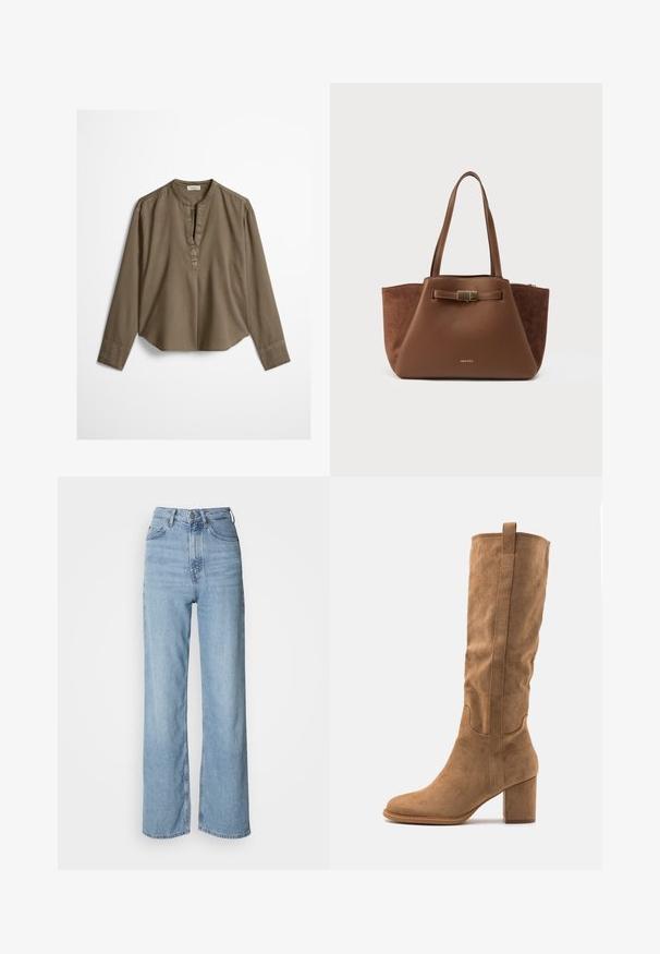 Blouse décontractée marron à manches longues avec col mandarin, pli à l'avant et ourlet légèrement arrondi, étalée à plat sur un fond blanc.; Jean taille haute bleu clair avec une jambe droite, en denim, présentant une fermeture à bouton sur le devant et des détails de décoloration subtils.; Botte en daim beige hauteur genou avec un talon bloc, présentant des accents cousus et une silhouette épurée pour un look moderne.; Sac fourre-tout marron combinant des textures lisses et en daim, présentant une forme rectangulaire, des poignées doubles et un accent décoratif en or sur le devant.