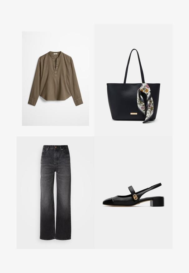 Bruine casual blouse met lange mouwen, mandarijnkraag, plooitje aan de voorkant en licht gebogen zoom, plat uitgestald op een witte achtergrond.; Zwarte denim jeans met wijde pijpen en een hoge taille, vijf zakken, knoopsluiting en een subtiele vervaagde textuur. Dikke stof met een gestructureerde pasvorm.; Zwarte leren slingback schoen met een ronde neus, met een glanzende voorkant en een gouden accent op de band, bevestigd met een kleine blokhak.; Zwarte leren tote bag met twee schouderriemen, voorzien van een zijden sjaal met bloemenprint die aan de handgreep is geknoopt en een metallic logo-accent aan de voorkant.
