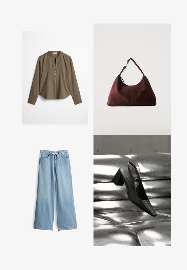 Bruine casual blouse met lange mouwen, mandarijnkraag, plooitje aan de voorkant en licht gebogen zoom, plat uitgestald op een witte achtergrond.; Lichtblauwe wijdvallende jeans van denim. Heeft een hoge taille, riemlussen, twee voorzakken en een trekkoordsluiting.; Zwarte slingback hak met een puntige neus, voorzien van een getextureerd oppervlak en een stevige blokhak. Geplaatst tegen een glanzende, metallic achtergrond.; Zachte bruine suède schoudertas met een enkele riem en zilverkleurige metalen accenten op een effen lichte achtergrond.