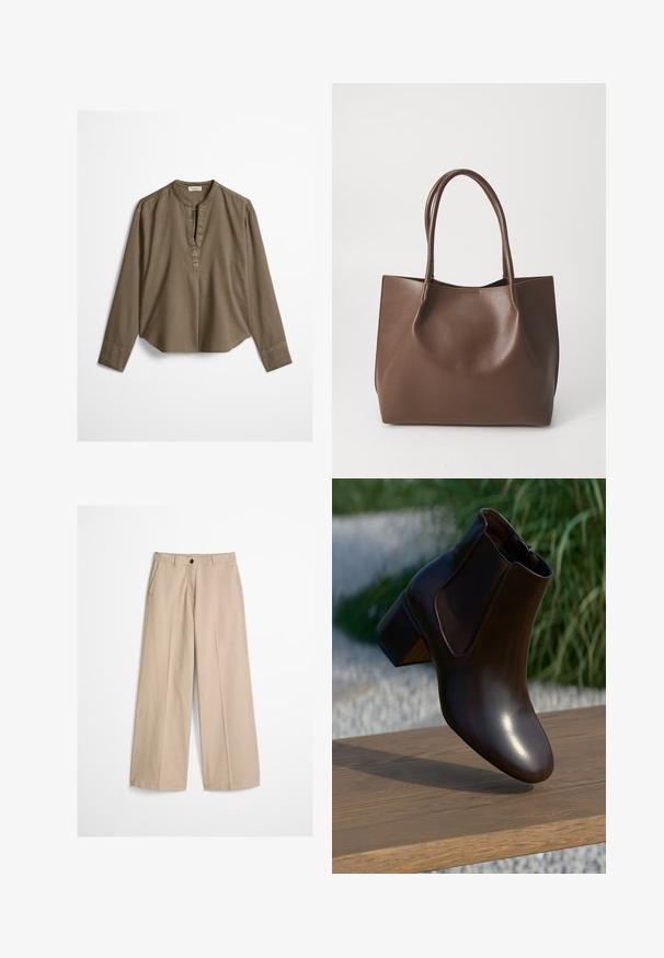 Blouse décontractée marron à manches longues avec col mandarin, pli à l'avant et ourlet légèrement arrondi, étalée à plat sur un fond blanc.; Pantalon beige à jambes larges avec pli frontal, passants pour ceinture, fermeture par bouton et une petite étiquette en tissu sur le côté droit de la ceinture.; Bottine en cuir marron avec un bout rond et un petit talon block, dotée de panneaux latéraux élastiques et d'une finition lisse et brillante.; Sac en cuir marron avec deux longues poignées, forme structurée, texture lisse et design minimaliste. Aucun matériel ni accent visible.