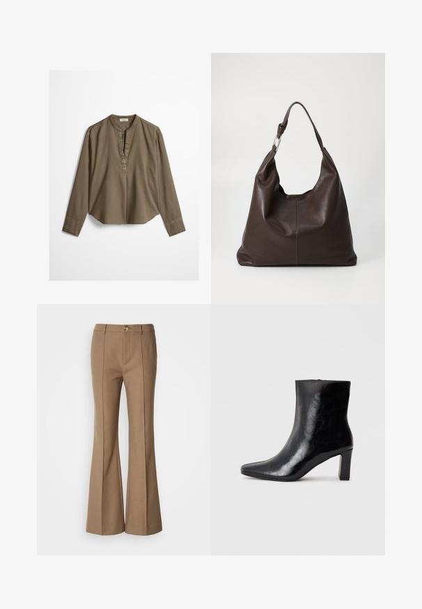 Blouse décontractée marron à manches longues avec col mandarin, pli à l'avant et ourlet légèrement arrondi, étalée à plat sur un fond blanc.; Pantalons évasés marron avec une texture lisse, dotés d'une fermeture à bouton sur le devant et de coutures verticales pour une meilleure structure.; Bottine noire en cuir brillant, avec un bout pointu et un talon carré moyen, présentant une texture lisse et un design simple.; Zign LEATHER - Cabas - chocolate brown