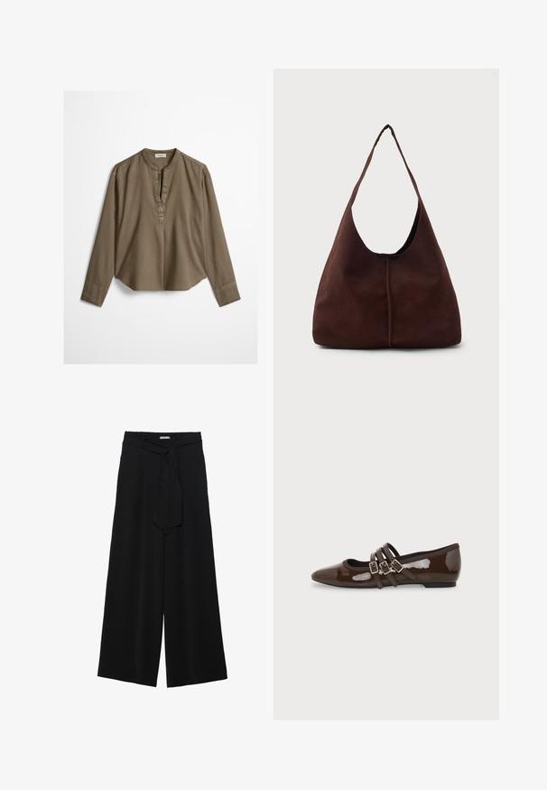 Brun langærmet casual bluse med mandarin-krave, frontplisse og let buet kant, lagt fladt på en hvid baggrund.; Sorte vide bukser i en tekstureret stofkvalitet, med elastisk talje og et aftageligt bånd i taljen for justerbar pasform.; Brun laklæder flad sko med spids tå og tre justerbare spænder på siden, vist fra ydersiden.; Brun suedette hobo taske med en stor, buet åbning og en bred skulderrem. Har en centreret søm på forsiden. Glat tekstur.