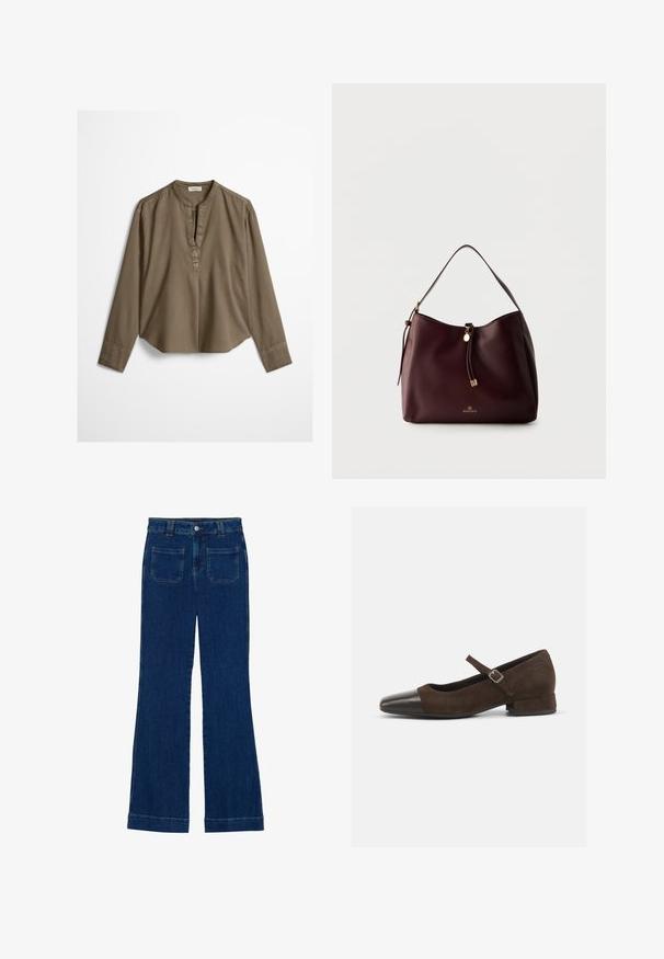 Bruine casual blouse met lange mouwen, mandarijnkraag, plooitje aan de voorkant en licht gebogen zoom, plat uitgestald op een witte achtergrond.; Donkerblauwe denim flared jeans met een gladde textuur, vijf zakken en een knoopsluiting aan de taille.; Bruine suède Mary Jane-schoen met een zwarte lakleren neuskap, een verstelbare band en een lage blokhak. Gladde textuur met minimale accenten.; Donkerbruine leren schoudertas met gevlochten kwastje, gouden accenten en het Anna Field-logo aan de voorkant tegen een effen lichte achtergrond.
