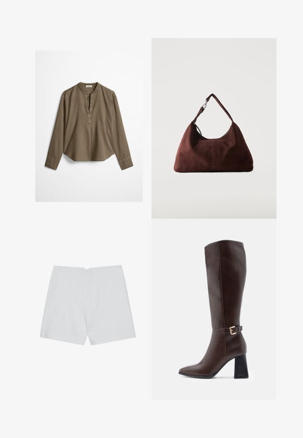 Bruine casual blouse met lange mouwen, mandarijnkraag, plooitje aan de voorkant en licht gebogen zoom, plat uitgestald op een witte achtergrond.; Witte shorts met een op maat gemaakte uitstraling, vlakke voorkant, twee zijzakken en een nette zoom. Gemaakt van een soepel materiaal zonder zichtbare patronen.; Bruine leren kniehoge laars met een spitse neus, blokhak en een gouden gespsluiting aan de zijkant. Glad oppervlak en strak ontwerp.; Zachte bruine suède schoudertas met een enkele riem en zilverkleurige metalen accenten op een effen lichte achtergrond.