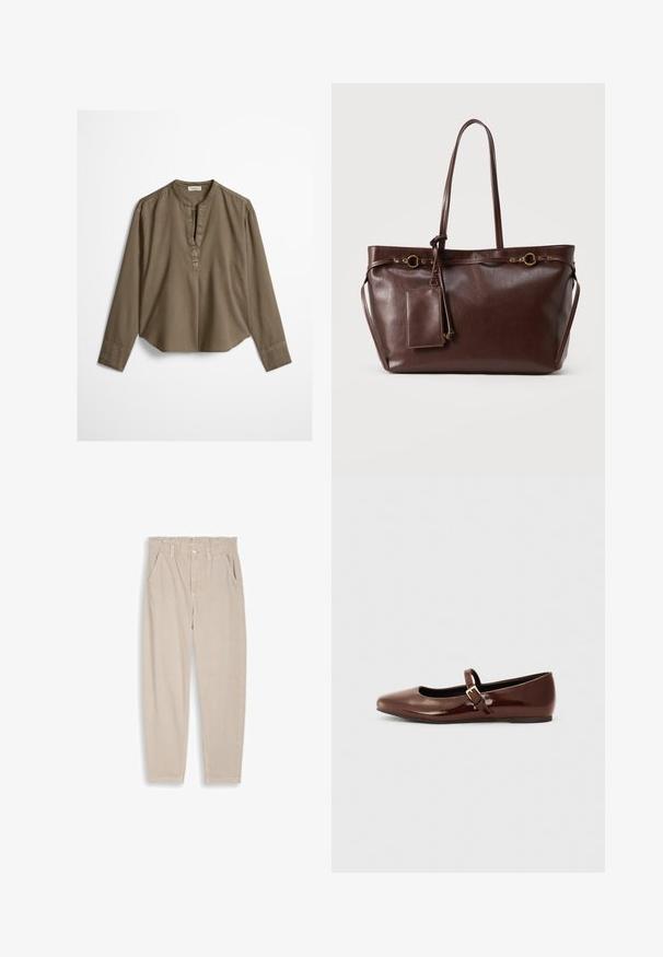 Blouse décontractée marron à manches longues avec col mandarin, pli à l'avant et ourlet légèrement arrondi, étalée à plat sur un fond blanc.; Pantalon beige à jambes droites avec taille élastique, passants pour ceinture, fermeture par bouton et poches avant, présenté sur un fond uni.; Ballerine en cuir verni marron avec un bout carré et une lanière ornée d'une petite boucle dorée. Texture lisse, talon bas et design minimaliste.; Sac cabas en cuir marron foncé avec deux longues anses, anneaux décoratifs en or, et pochette rectangulaire attachée avec fermeture éclair.