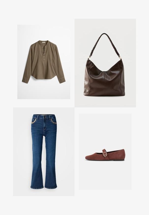 Braune, langärmelige, legere Bluse mit Stehkragen, vorderer Falte und leicht gewölbtem Saum, flach auf weißem Hintergrund ausgebreitet.; Dunkelblaue ausgestellte Jeans mit einer glatten Denim-Oberfläche, kontrastierender goldener Naht und Akzenten an den Fronttaschen. Klassisches Fünf-Taschen-Design.; Brauner Wildleder-Mary-Jane-Flachschuh mit goldener Schnallenriemen und schwarzer Sohle vor weißem Hintergrund.; Dunkelbraune Leder-Schultertasche mit geflochtenem Griff und sichtbaren Nahtdetails auf der Vorderseite.