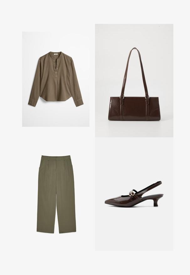 Bruine casual blouse met lange mouwen, mandarijnkraag, plooitje aan de voorkant en licht gebogen zoom, plat uitgestald op een witte achtergrond.; Olijfgroene hoge taillebroek met riemlussen, voorplooien, zijzakken en een wijde pijp, plat gelegd op een witte achtergrond.; Marco Tozzi Klassieke pumps - cinnamon; Bruine lakleren handtas met een rechthoekige vorm, twee lange handvatten en subtiele gebogen accenten aan de voorkant.