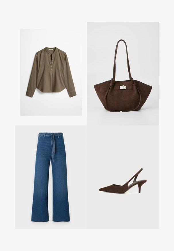 Pruun pika varrukaga vabaaja pluus mandariinkaelusega, eest volditud ja kergelt kõverdatud äärega, laotatud valgele taustale.; TOM TAILOR DENIM TTMIJA CULOTTE FIT - Alt laienevad teksad - used mid stone blue denim; Tumepruun seemisnahast slingback-pump terava ninaga ja madala kontsaga, üheljuhval hele taustal.; Pruun nahast kott struktureeritud kujuga, millel on hõbedane metallist lukk ja kaks õlarihma. Sile tekstuur koos kaunistusõmblustega.