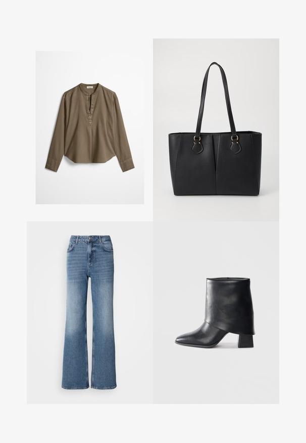 Brun langærmet casual bluse med mandarin-krave, frontplisse og let buet kant, lagt fladt på en hvid baggrund.; Mos Mosh MAI - Jeans Straight Leg - blue wash; Sort læder ankelstøvle med spids tå, glat tekstur og en struktureret blokhæl. Har et højt, foldet kravedesign.; Sort faux læder tote taske med en tekstureret finish, to lange håndtag og hardware i guld tone-accenter på siden. Rektangulær form.