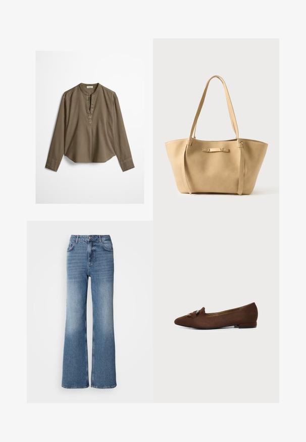 Bruine casual blouse met lange mouwen, mandarijnkraag, plooitje aan de voorkant en licht gebogen zoom, plat uitgestald op een witte achtergrond.; Mos Mosh MAI - Straight leg jeans - blue wash; Bruine platte schoen met puntige neus en decoratief gespdetail bovenop, tegen een effen lichte achtergrond.; Beige leren totebag met twee lange riemen, gladde textuur en een subtiel metalen accent aan de voorkant. Open ontwerp aan de bovenkant, ruim interieur.