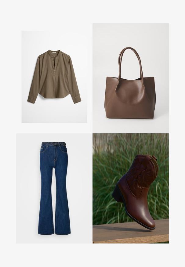 Brun langærmet casual bluse med mandarin-krave, frontplisse og let buet kant, lagt fladt på en hvid baggrund.; Blå denim flared jeans med høj talje, kontraststing og et vævet bælte med flettet design. Glat tekstur og klassisk stil.; Brun læder cowboystøvle med dekorative syninger, vinklet opad på en træflade med sløret grønt græs i baggrunden.; Brun læder tote taske med to lange håndtag, struktureret form, glat tekstur og minimalistisk design. Ingen synligt hardware eller accenter.