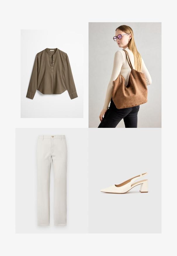 Braune, langärmelige, legere Bluse mit Stehkragen, vorderer Falte und leicht gewölbtem Saum, flach auf weißem Hintergrund ausgebreitet.; Beige gerade geschnittene Hose mit Gürtelschlaufen, Knopfverschluss vorne und Reißverschluss auf einem schlichten weißen Hintergrund.; Slingback-Pumps aus glänzendem cremefarbenem Lackleder, mit spitzer Schuhspitze und klobigem, quadratischem Absatz für Stabilität. Minimalistisches Design, ohne Verzierungen.; Braune Wildleder-Tasche mit weicher Textur, großer Öffnung und langen Trägern. Sie verfügt über ein simples Design mit sichtbarem Stich und ohne Beschläge.