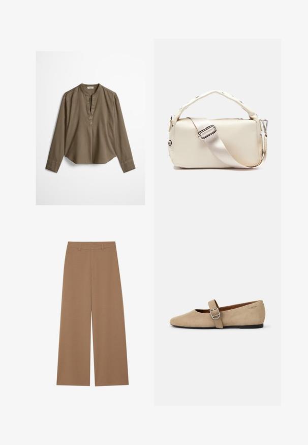 Brun langærmet casual bluse med mandarin-krave, frontplisse og let buet kant, lagt fladt på en hvid baggrund.; Vide benbukser i en ensfarvet brun farve, lavet af et tekstureret stof; har høj talje og struktureret design med bæltestropper.; Beige ruskind Mary Jane flade sko med spids tå og et enkelt justerbart strop med en sølv spænde. Sort flad sål.; Krémfarvet faux lædertaske med en struktureret rektangulær form, der har et polstret håndtag, justerbar satinrem og sølvfarvede hardware detaljer.