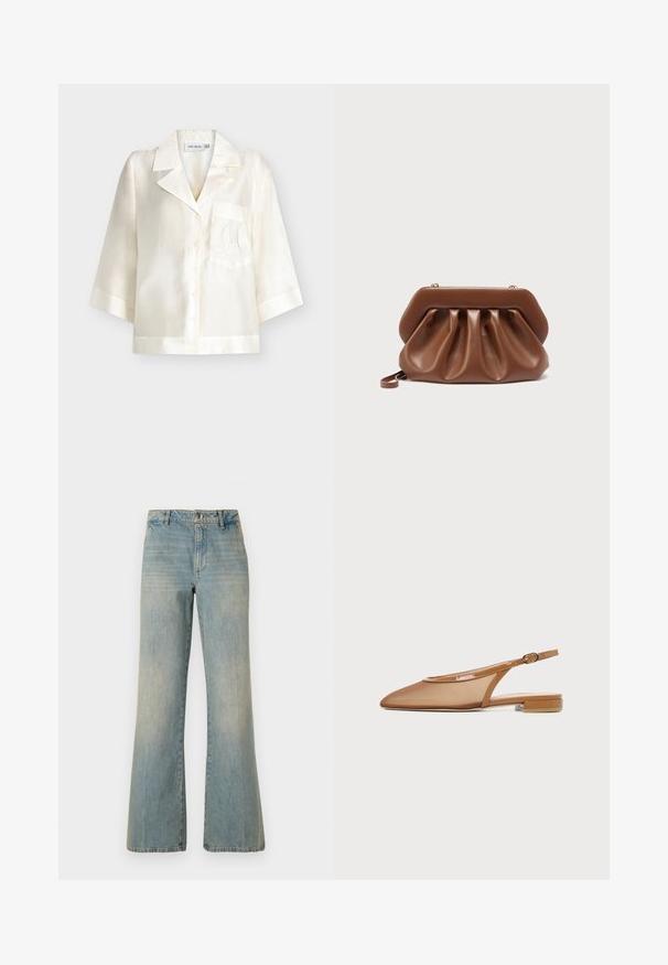 Korte mouwen crème zijden overhemd met een ingetogen kraag, een enkele borstzak en delicate geborduurde initialen op de zak.; Lichtblauwe denim wijdlopende jeans met een hoge taille, knoopsluiting en vervaagde textuur. Bevat het klassieke vijf-pocket ontwerp en rechte pijpen.; Bruine slingback platte schoen met puntige neus, dunne band met gesp en lage blokhak op witte achtergrond.; Bruin leren clutch met geplooid ontwerp en gestructureerd bovenframe, voorzien van een klein polsbandje en gouden sluitingsdetails.