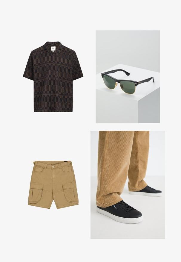 Kortærmet skjorte med knapper, i et mørkebrunt og sort ternet mønster med lodrette bladmotiver.; Khaki cargo shorts lavet af bomuldsblanding, med multiple lommer, en bæltestrop med justerbart rem og en knaplukning.; Sorte lædersneakers med hvide gummisåler. Båret med tanfarvede corduroybukser med vertikale ribber og en afslappet pasform.; Ray-Ban solbriller med grønne linser, sorte plastikstel og gyldne detaljer ved kanterne. Firkantet form med mat finish.