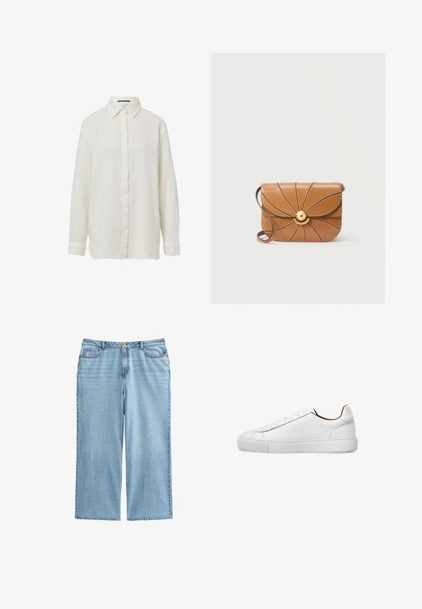 Witte button-up shirt gemaakt van textuurstof. Beschikt over een klassieke kraag, lange mouwen en een relaxte pasvorm.; Lichtblauwe denim culottes met een hoge taille, brede benen en een vijf-pocket ontwerp met contrasterende stiksels en een knoopsluiting.; Witte lage leren sneaker met strak design, ronde neus en platte rubberen zool, zijaanzicht.; Cognackleurige leren schoudertas met gebogen stiksels die een bloemmotief vormen en een ronde gouden sluiting aan de voorkant in het midden.