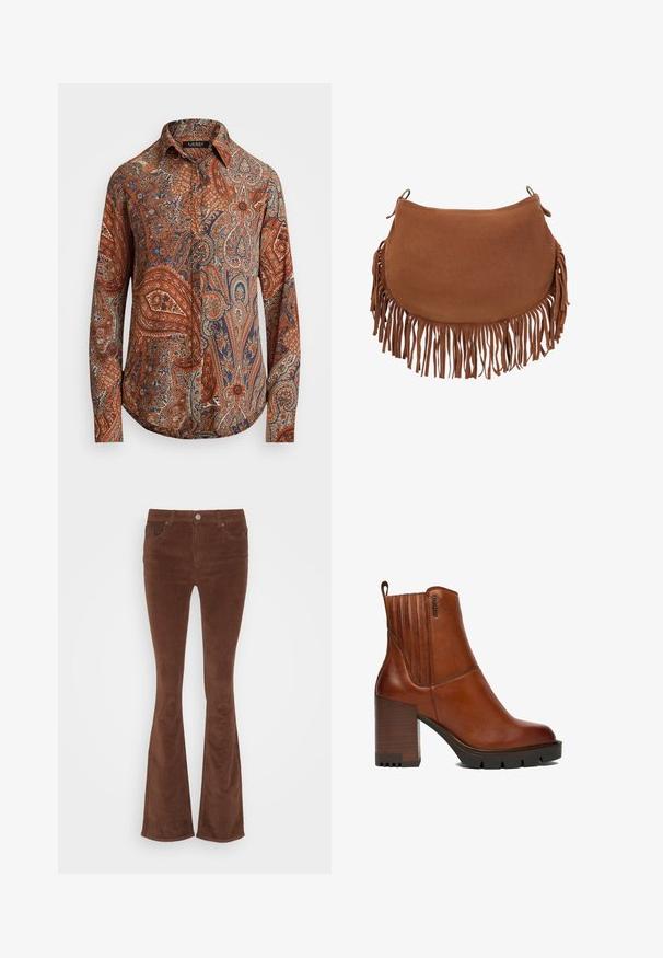Langærmet skjorte i brun med indviklede paisley-mønstre i blå og creme. Har en klassisk krave og knaplukning foran.; Brune fløjl flared jeans med en glat overflade, fem lommer og en enkelt metalknap i taljen.; Brun læderankelstøvle med chunky stablet hæl, rillede sorte såler, lodret syning og en træksnor bagpå.; Brun ruskind skuldertaske med lange frynser langs bunden og siderne, med en buet halvmåneform og metalringe til fastgørelse af strop.