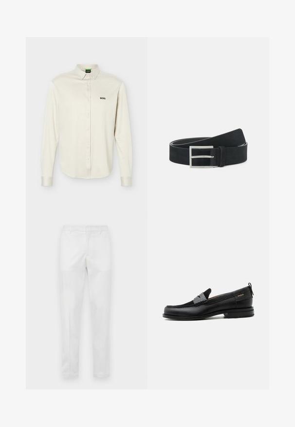 Witte lange mouwen overhemd met knopen en kraag, zwart "BOSS" logo op de linkerborst en manchetten met knopen, getoond tegen een effen achtergrond.; Slim-fit witte broek met riemlussen, ritssluiting aan de voorkant en zijzakken, plat weergegeven op een neutrale achtergrond.; Zwarte leren loafer met grijs riemdetailelement, lage hak en gestructureerde zool, aan de zijkant gebrandmerkt met "HUGO" in goud.; Zwart suède riem met een zilveren metalen gesp, vlak ontwerp en contrasterende stiksels langs de randen. Over het geheel een handige textuur.