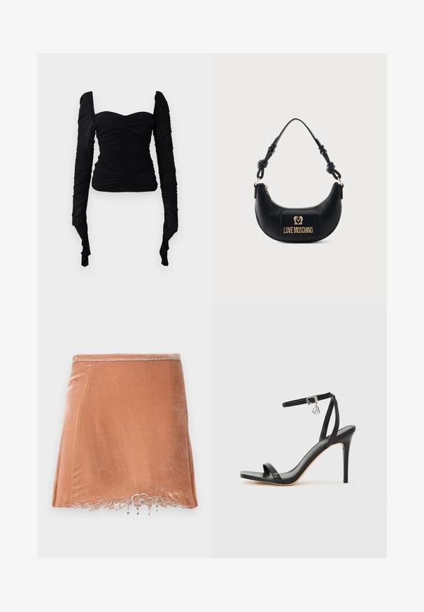 Zwarte lange mouwen top met een gerimpelde textuur, off-shoulder ontwerp en een aansluitende pasvorm. Het materiaal lijkt rekbaar en glad.; Rabanne Minirok - pink; Zwarte sandaal met hoge hak, smalle enkelband, vierkante neus, soepel leermateriaal en metalen gespsluiting.; Zwarte halfmaanvormige handtas met een geknoopt handvat en een gouden "Love Moschino" logoplaatje aan de voorkant, met ritssluiting aan de bovenkant.