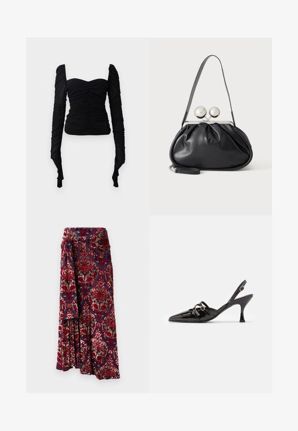 Top negro de manga larga con textura arrugada, diseño off-shoulder y silueta ajustada. El material parece elástico y suave.; Rabanne Falda larga - tapestry/navy/burgundy/red/cream; ALOHAS JOELLE ONIX - Tacones - black; Bolso de mano de cuero negro con diseño fruncido, una sola correa, marco metálico plateado y dos cierres grandes redondos de plata.