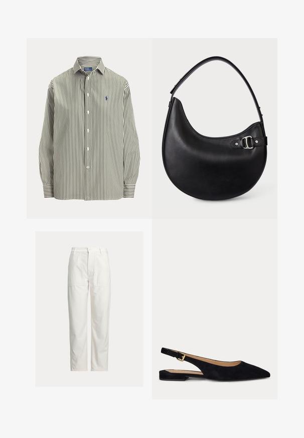 Camisa de manga larga con botones, con rayas verticales blancas y verde oscuro y un pequeño logo bordado en el pecho izquierdo.; Pantalones blancos de pierna recta con grandes bolsillos parche delanteros, trabillas para cinturón y cierre con botón en la cintura.; Zapato plano slingback de ante negro con punta puntiaguda, tacón bajo y correa ajustable con hebilla dorada.; Bolso de mano de cuero negro en forma de media luna con una única correa de hombro ajustable y detalle de hebilla plateada en el lateral.