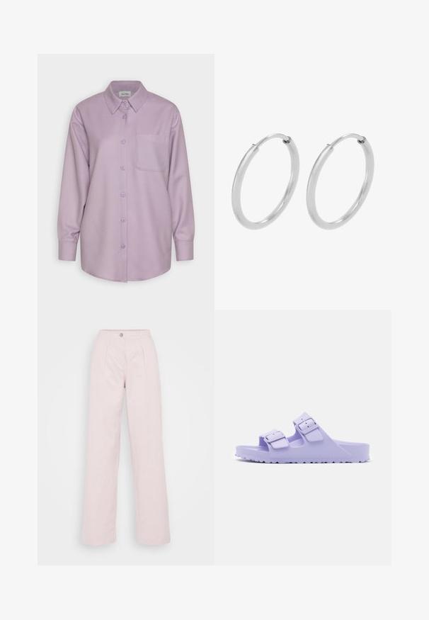 Lila langslijf overhemd met knopen, een kraag, enkele borstzak en een zachte, gladde stofstructuur. De knopen passen bij de kleur van het overhemd.; Wijd gevallen broek in zachtroze katoen, met een frontsluiting met knopen, geplooid ontwerp en een ontspannen silhouet.; Paarse hars sandalen met twee verstelbare banden, voorzien van een matte afwerking en een geëxtraheerde zool. Lichtgewicht ontwerp geschikt voor casual gebruik.; Zilveren hoepeloorbellen, cirkelvormig, met een gladde glanzende textuur en een constante breedte. Minimalistisch ontwerp zonder extra accenten.