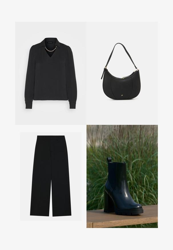 Schwarze Bluse mit langen Ärmeln, V-Ausschnitt, Kragen und Puffärmeln. Mit einer Kettenakzentuierung am Ausschnitt und glatter Stofftextur.; Schwarzweite Hosen mit weitem Bein aus glattem Stoff. Besitzt einen flachen Bund mit Gürtelschlaufen und ohne sichtbare Taschen. Schlichtes Design.; Schwarze, glänzende Leder-Ankle-Boots mit klobigem hohen Absatz und Zuglasche, präsentiert auf einer Holzoberfläche vor einem Hintergrund aus hochgewachsenem grünem Gras.; Schwarze Lederhandtasche mit geschwungenem Design, strukturiertem Material, vorderen Nähten und einem Logo in Goldtönen. Verfügt über einen einzelnen verstellbaren Tragegurt.