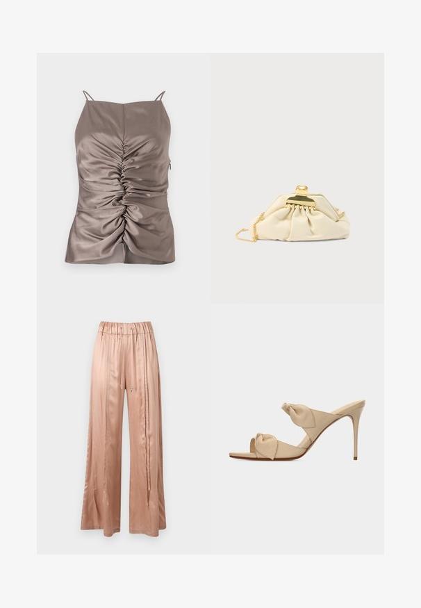 Satin taupe cami med justerbare stropper, der har rynkning foran og en lynlås i siden, glat tekstur og et tætsiddende snit.; Satin brede bukser i blush pink med elastisk talje, snøre detaljer og sidelæg for ekstra tekstur og form.; Beige åben tå højhælet mule-sandal med to snoede knudestrimler og en slank stilet-hæl på hvid baggrund.; Kremfarvet clutchtaske lavet af blødt materiale, med guldlås og kæderem, og med et smock-design på taskens overflade.