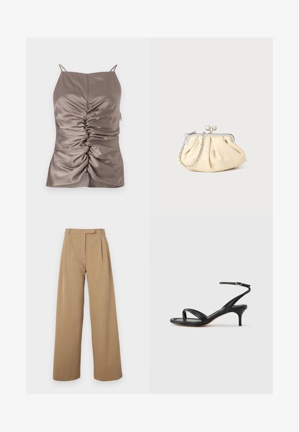 Camisole en taupe soyeux avec des bretelles réglables, présentant des fronces à l'avant et une fermeture éclair sur le côté, texture lisse et silhouette ajustée.; Pantalons à jambes larges de couleur marron clair, fabriqués en tissu texturé. Présentent des plis à l'avant et une taille ajustée. Design simple sans matériel visible.; Sandale pour femme en cuir noir avec fines lanières, une boucle d'orteil, une boucle à la cheville et un talon aiguille de hauteur moyenne sur un fond neutre.; Pochette en cuir beige plissé avec un cadre en métal argenté, dotée de deux fermoirs ronds décoratifs et d'une chaîne en argent.