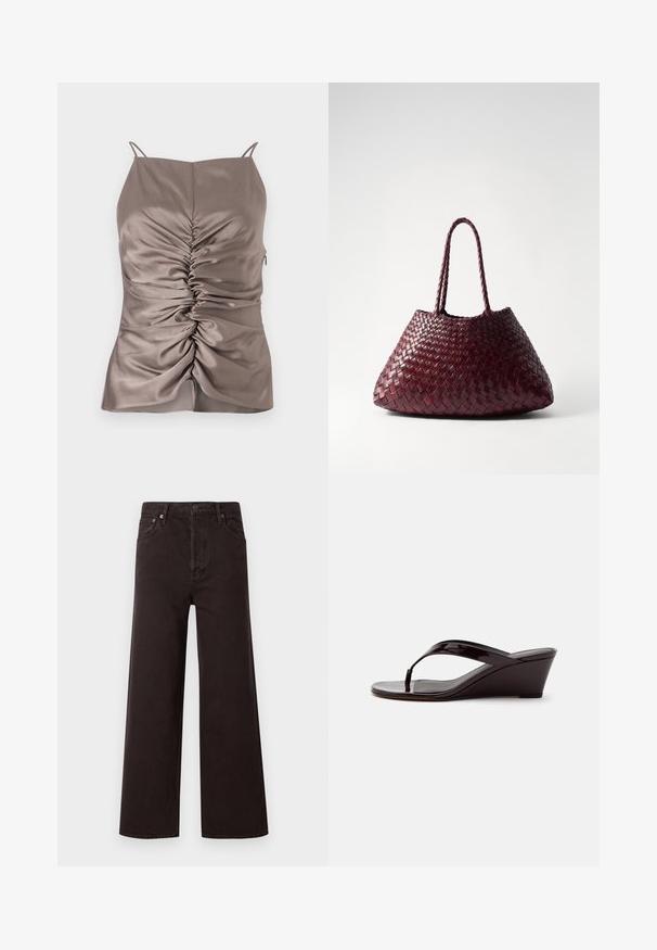 Camisole en taupe soyeux avec des bretelles réglables, présentant des fronces à l'avant et une fermeture éclair sur le côté, texture lisse et silhouette ajustée.; Jean noir à jambes larges avec taille haute, fabriqué en denim. Dispose de cinq poches et d'une fermeture à bouton en métal, texture lisse et design classique.; Sandale compensée en cuir verni marron avec bride entre les orteils et bout ouvert, vue de profil sur un fond uni.; DRAGON DIFFUSION SANTA CROCE BIG - Sac à main - bordo