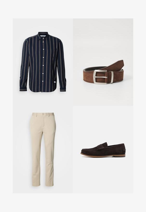 Chemise à manches longues bleu marine à boutons avec des rayures verticales rouges, vertes et crème. Dotée d'une poche et d'un col standard. Tissu en coton.; Pantalons en coton beige avec une coupe droite, fermeture à bouton et devant plat. Le matériau a une texture lisse et un minimum de détails.; Mocassins en daim marron foncé avec un bout arrondi, une tige texturée et une semelle en caoutchouc marron clair. Présente une sangle décorative sur le devant.; Ceinture en suède marron avec une boucle en métal argenté et des détails de coutures linéaires. La ceinture est plate et a une largeur et une forme classiques.