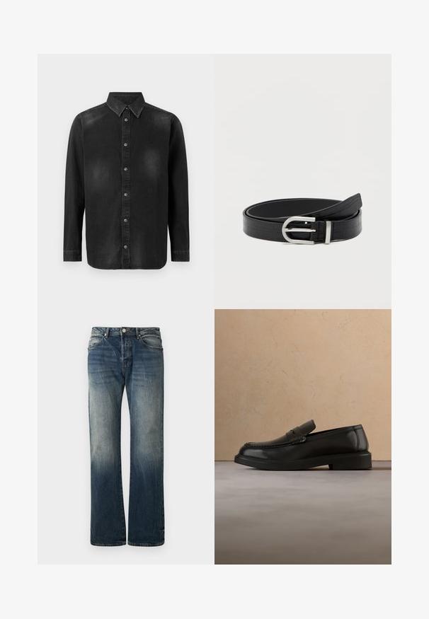 Sort denimskjorte med button-down krave, lange ærmer og frontlukning med knapper. Har diskret falmning og en skræddersyet pasform.; Mørkeblå vide denimjeans. Har en falmet detalje, traditionelt fem-lomme design og en metal knaplukning i taljen.; Sort læderloafer svæver over et beige flettet tæppe med et rundt træbord og en sofa i baggrunden.; Sort faux læderbælte med krokodillemønster og en sølvfarvet rund spænde, snoet på en ensfarvet hvid baggrund.